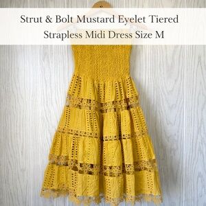 Strut & Bolt Mustard Eyelet Tiered Strapless Midi Dress Size M